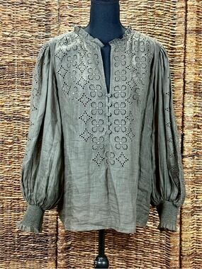 Banana Republic Olive Green Eyelet Embroidery Peasant Boho Hippie Blouse Large